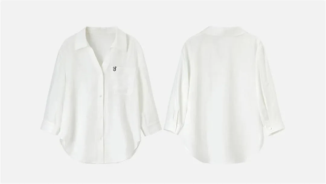 Women Lapel Three Quarter Sleeve Shirt Embroidery Solid Blouses Office Lady Casual Shirts