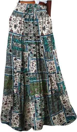 Women Lightweight Boho Maxi Skirt Summer Casual Flowy A-Line Skirts Drawstring High Waist Layered Ruffle Long Skirt