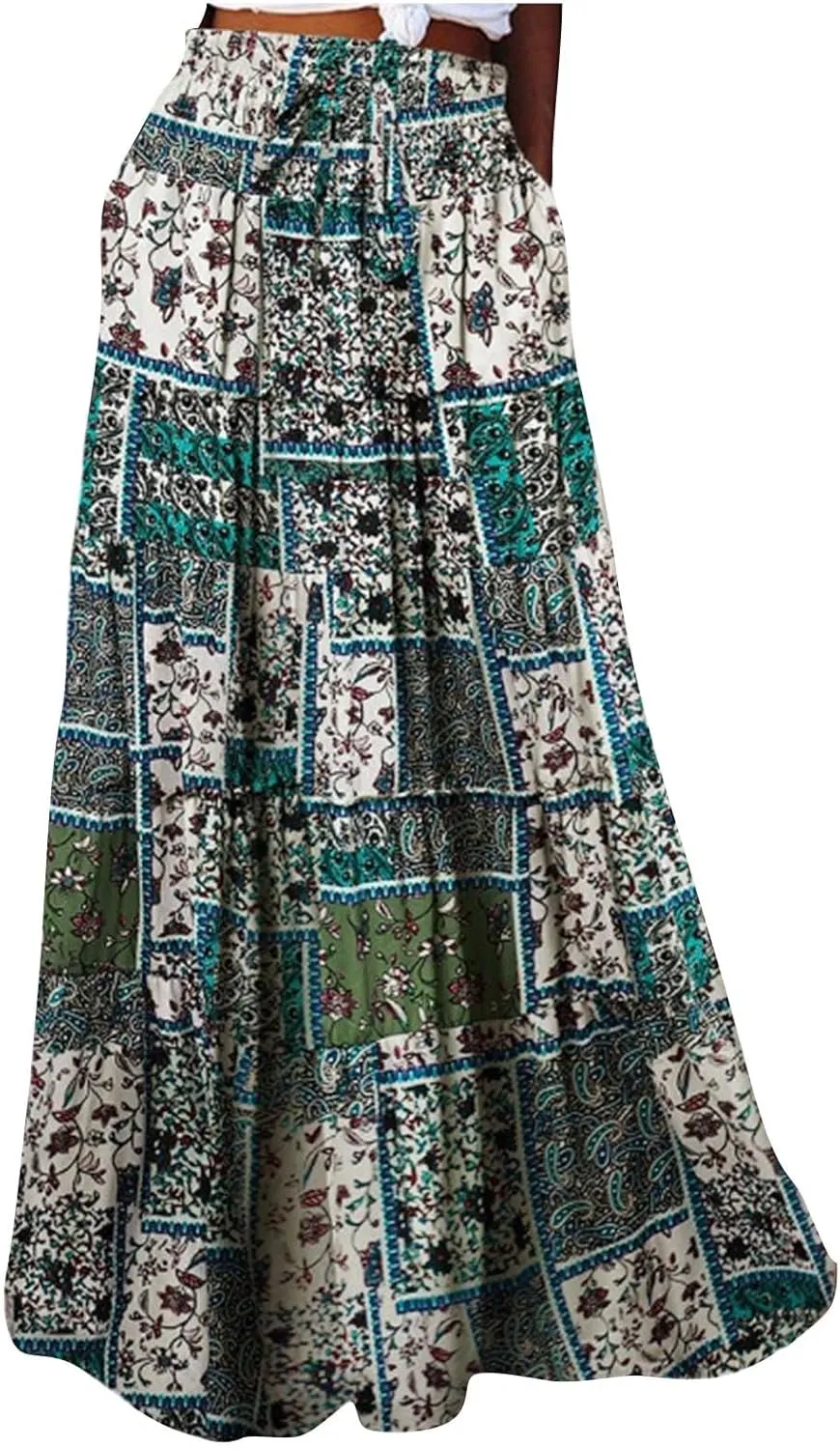 Women Lightweight Boho Maxi Skirt Summer Casual Flowy A-Line Skirts Drawstring High Waist Layered Ruffle Long Skirt