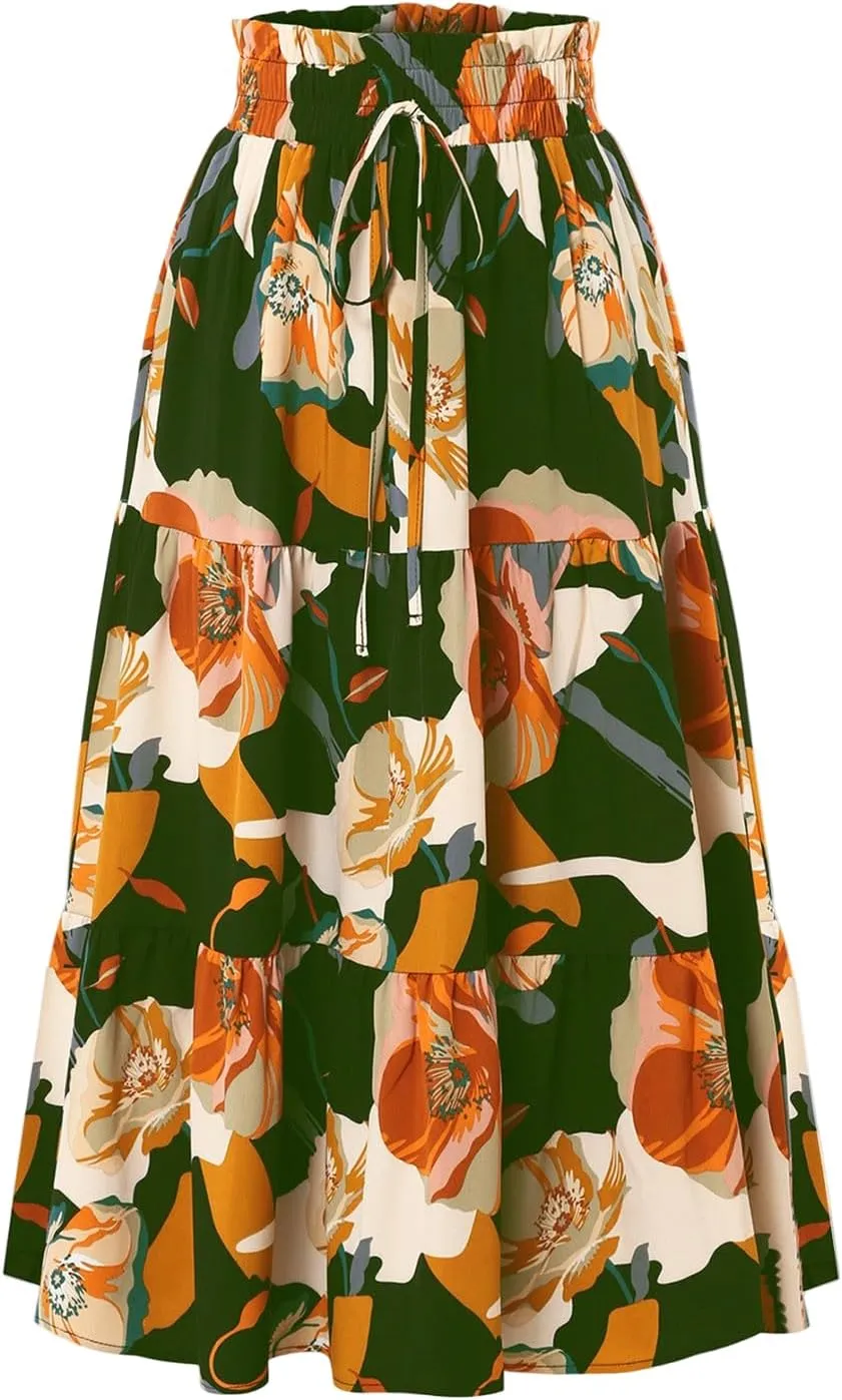 Women Long Skirts Drawstring Elastic Waist Pleated Layer Ruffle Hem Flowy A Line Skirt Boho Floral Print Maxi Skorts