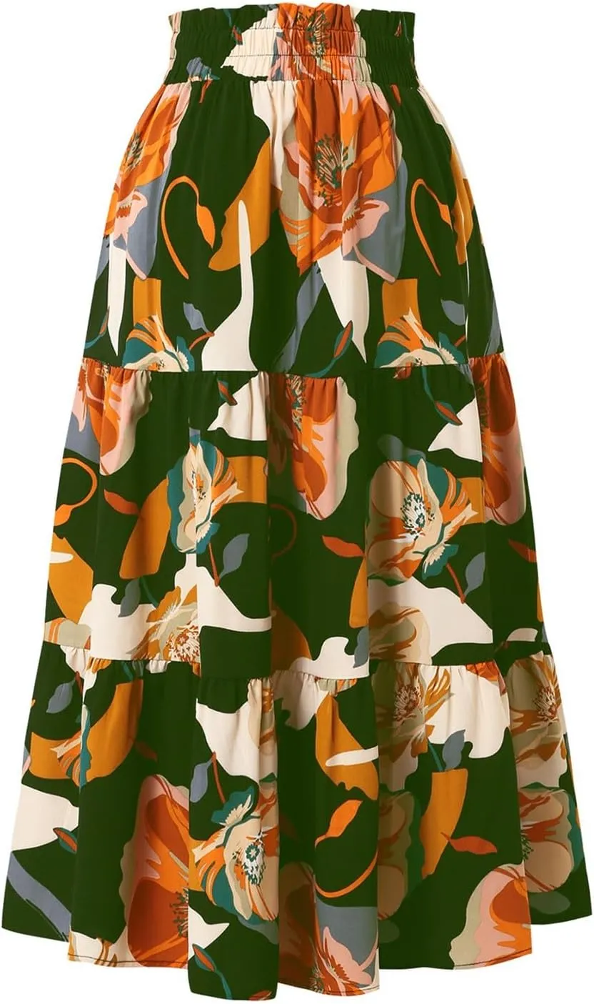 Women Long Skirts Drawstring Elastic Waist Pleated Layer Ruffle Hem Flowy A Line Skirt Boho Floral Print Maxi Skorts