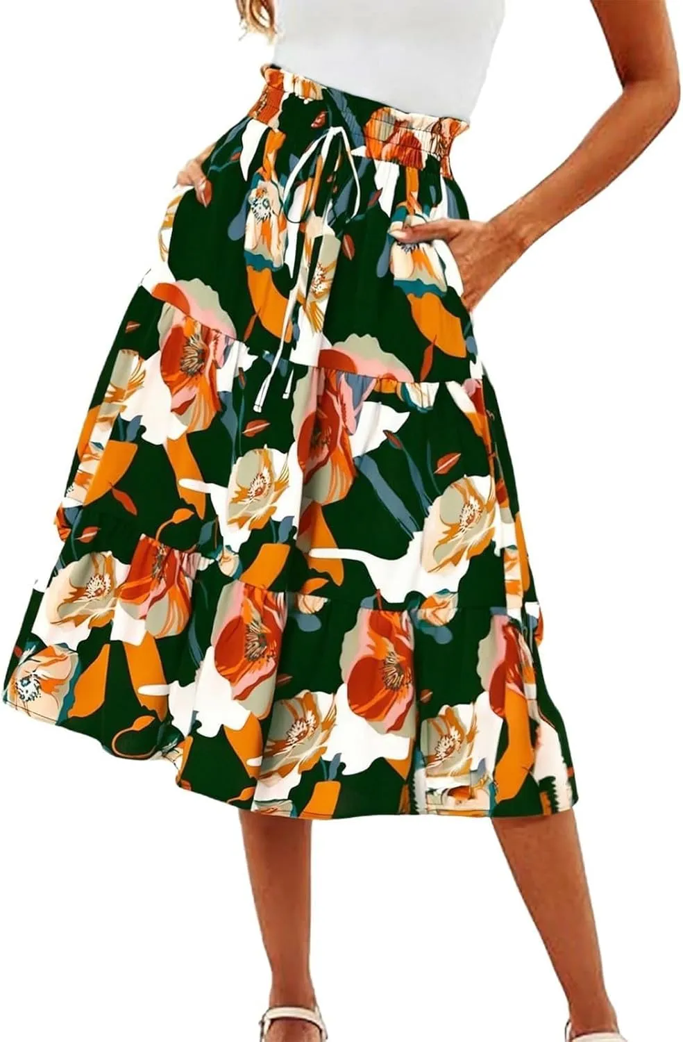 Women Long Skirts Drawstring Elastic Waist Pleated Layer Ruffle Hem Flowy A Line Skirt Boho Floral Print Maxi Skorts