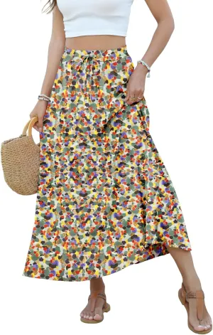 Women Maxi Skirt Long Flowy Pleated High Waisted with Pockets Summer Casual Elastic Waist A-Line Skirts