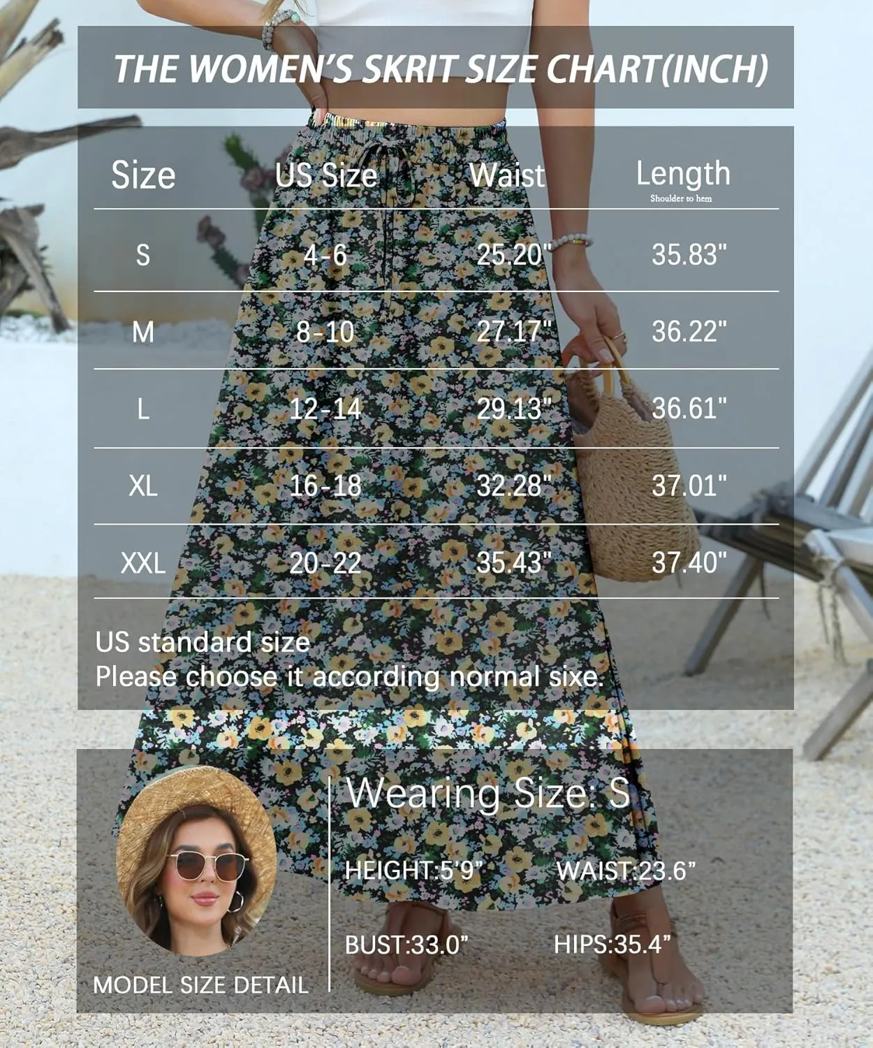 Women Maxi Skirt Long Flowy Pleated High Waisted with Pockets Summer Casual Elastic Waist A-Line Skirts