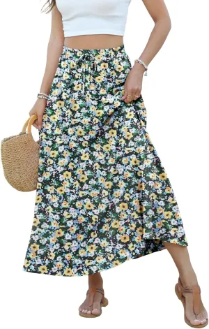 Women Maxi Skirt Long Flowy Pleated High Waisted with Pockets Summer Casual Elastic Waist A-Line Skirts