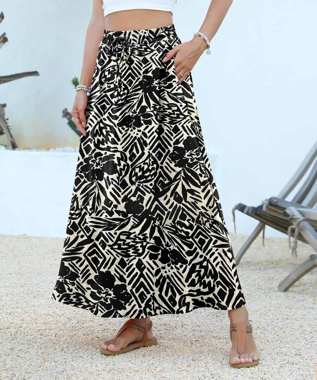 Women Maxi Skirt Long Flowy Pleated High Waisted with Pockets Summer Casual Elastic Waist A-Line Skirts