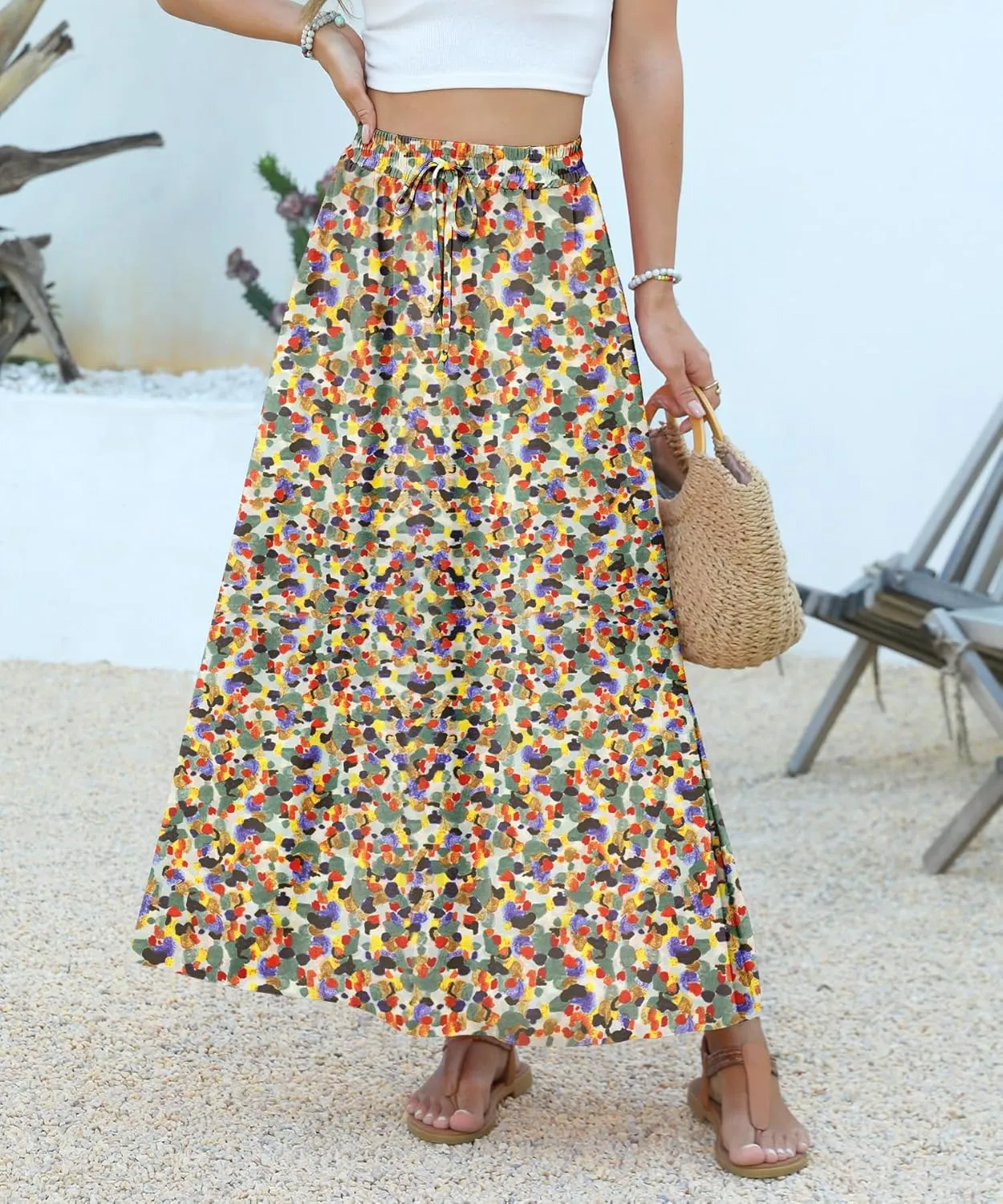 Women Maxi Skirt Long Flowy Pleated High Waisted with Pockets Summer Casual Elastic Waist A-Line Skirts