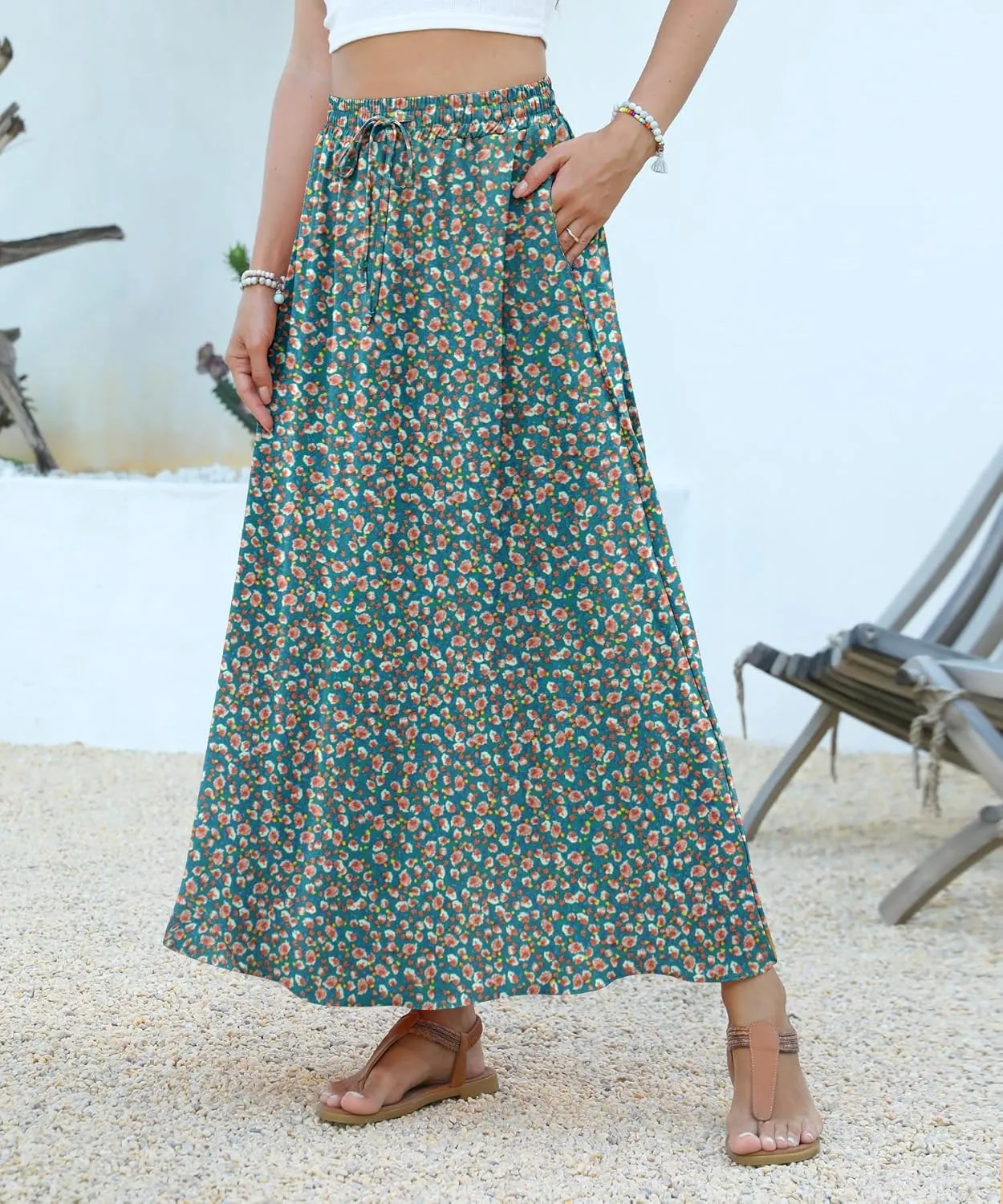 Women Maxi Skirt Long Flowy Pleated High Waisted with Pockets Summer Casual Elastic Waist A-Line Skirts