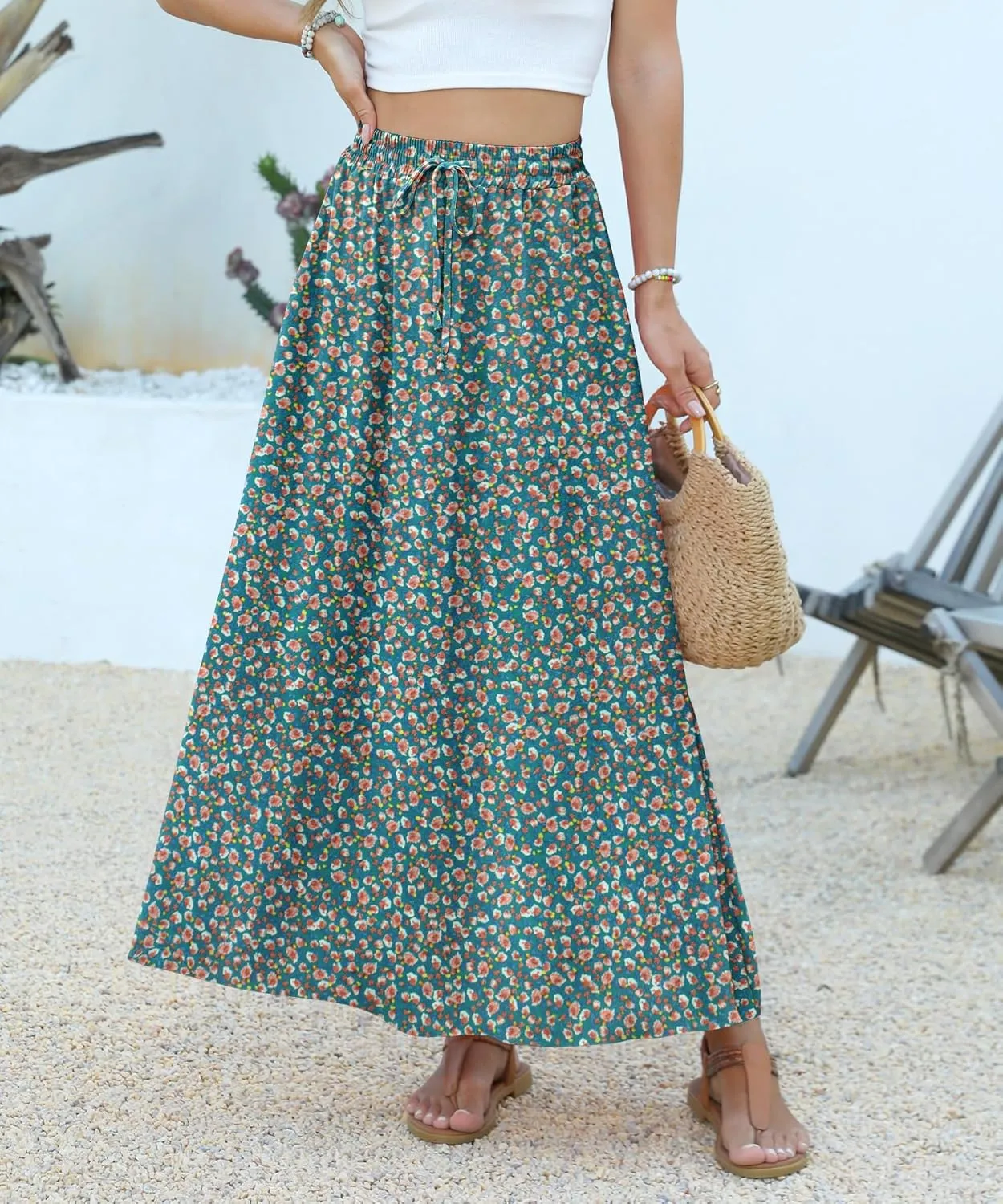 Women Maxi Skirt Long Flowy Pleated High Waisted with Pockets Summer Casual Elastic Waist A-Line Skirts