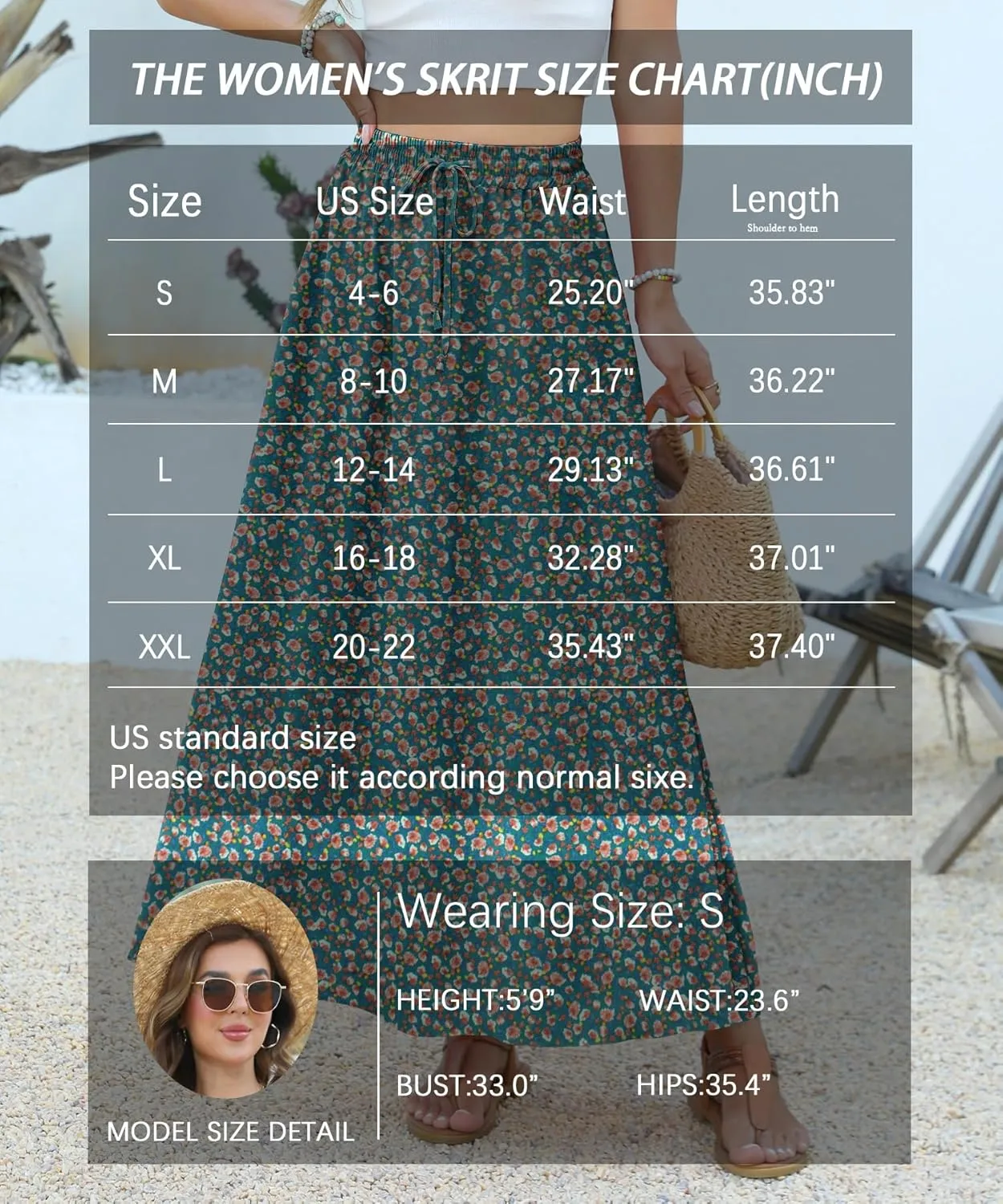 Women Maxi Skirt Long Flowy Pleated High Waisted with Pockets Summer Casual Elastic Waist A-Line Skirts