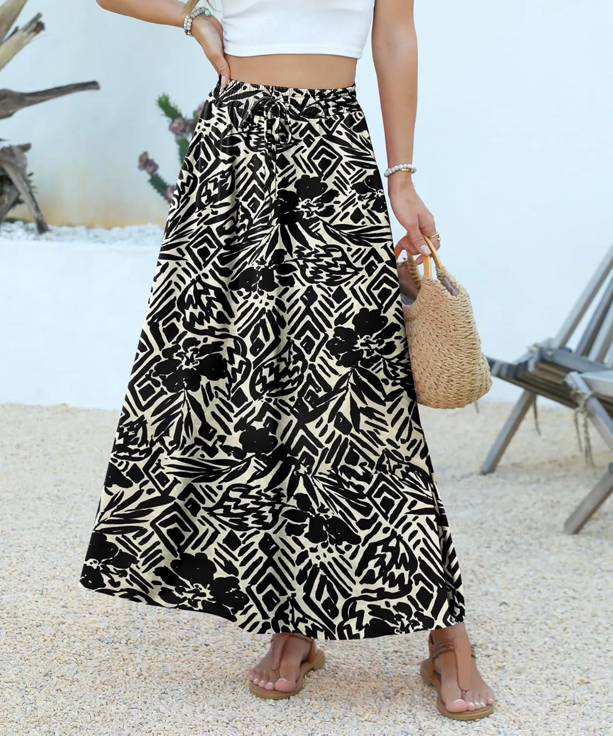 Women Maxi Skirt Long Flowy Pleated High Waisted with Pockets Summer Casual Elastic Waist A-Line Skirts