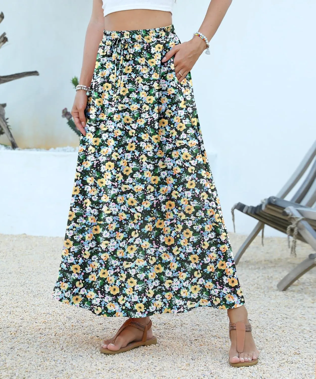Women Maxi Skirt Long Flowy Pleated High Waisted with Pockets Summer Casual Elastic Waist A-Line Skirts
