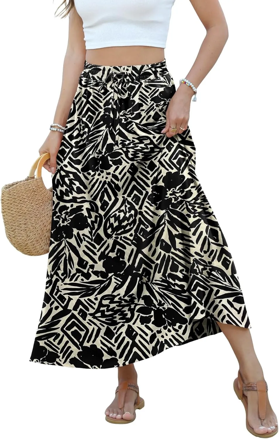 Women Maxi Skirt Long Flowy Pleated High Waisted with Pockets Summer Casual Elastic Waist A-Line Skirts