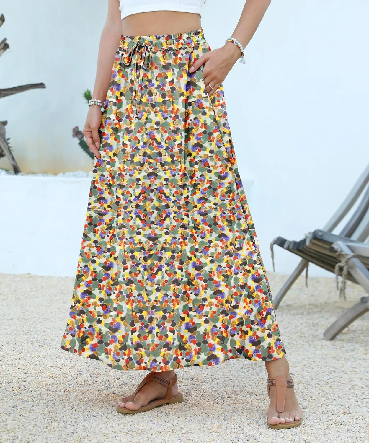 Women Maxi Skirt Long Flowy Pleated High Waisted with Pockets Summer Casual Elastic Waist A-Line Skirts