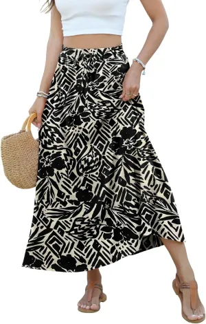 Women Maxi Skirt Long Flowy Pleated High Waisted with Pockets Summer Casual Elastic Waist A-Line Skirts
