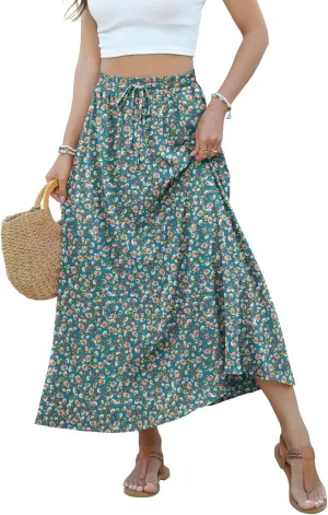 Women Maxi Skirt Long Flowy Pleated High Waisted with Pockets Summer Casual Elastic Waist A-Line Skirts