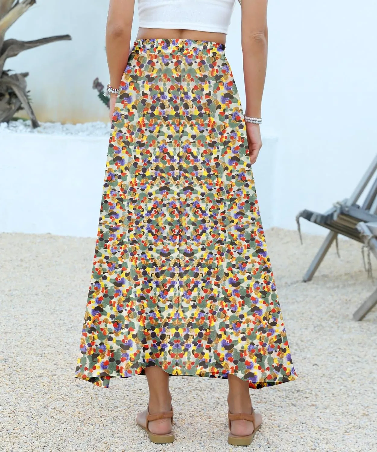 Women Maxi Skirt Long Flowy Pleated High Waisted with Pockets Summer Casual Elastic Waist A-Line Skirts