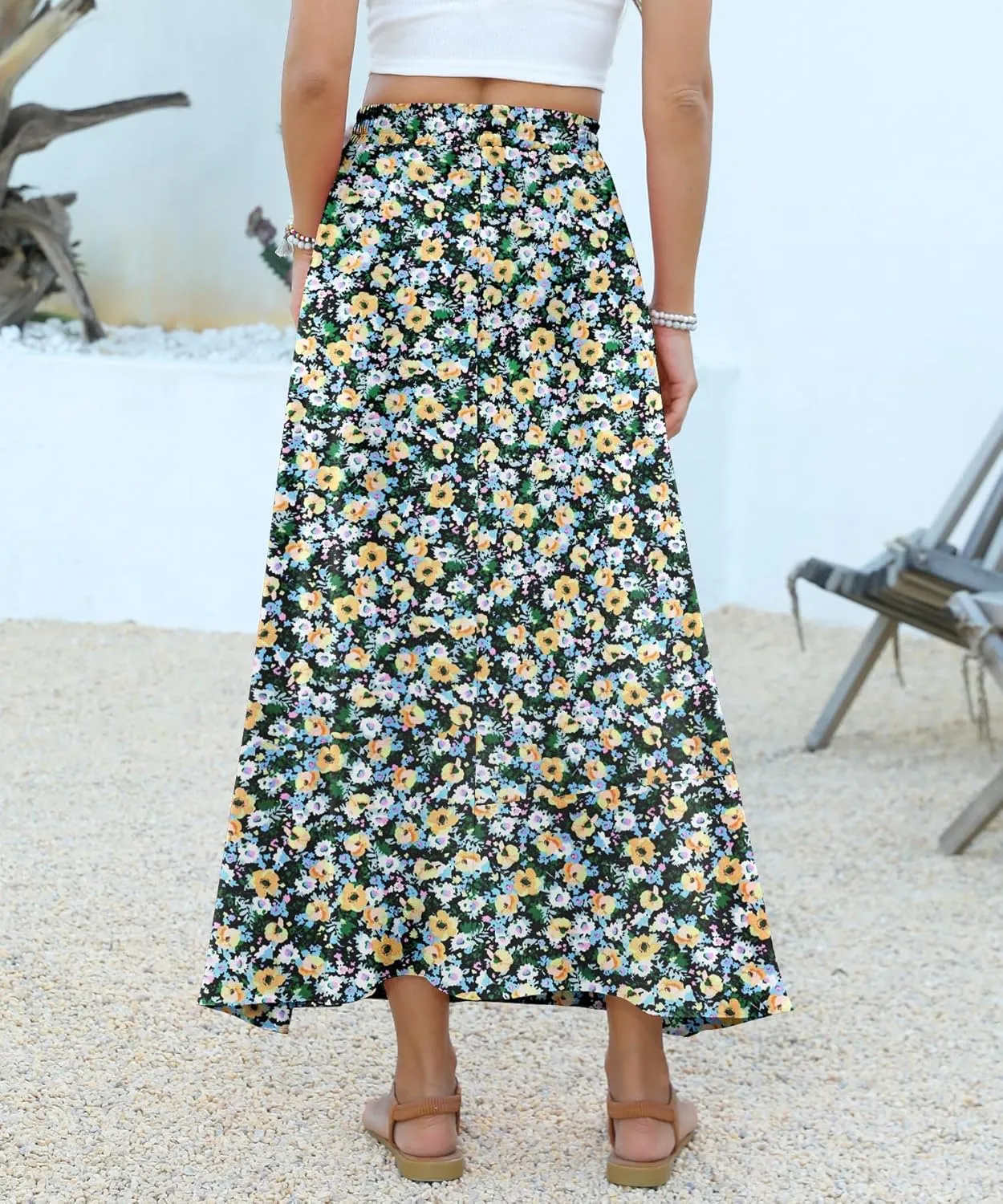 Women Maxi Skirt Long Flowy Pleated High Waisted with Pockets Summer Casual Elastic Waist A-Line Skirts