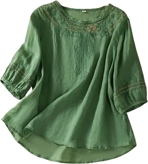Women Mexican Embroidered Tops Cotton Linen Boho Shirts Guaze Peasant Summer Blouses Trendy Bohemian Clothes