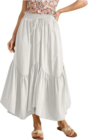 Women Ruched Ruffle Hem Long Skirt, Solid Color Comfy Drawstring Casual Skirts Loose Flowy Summer Clothes with Pockets