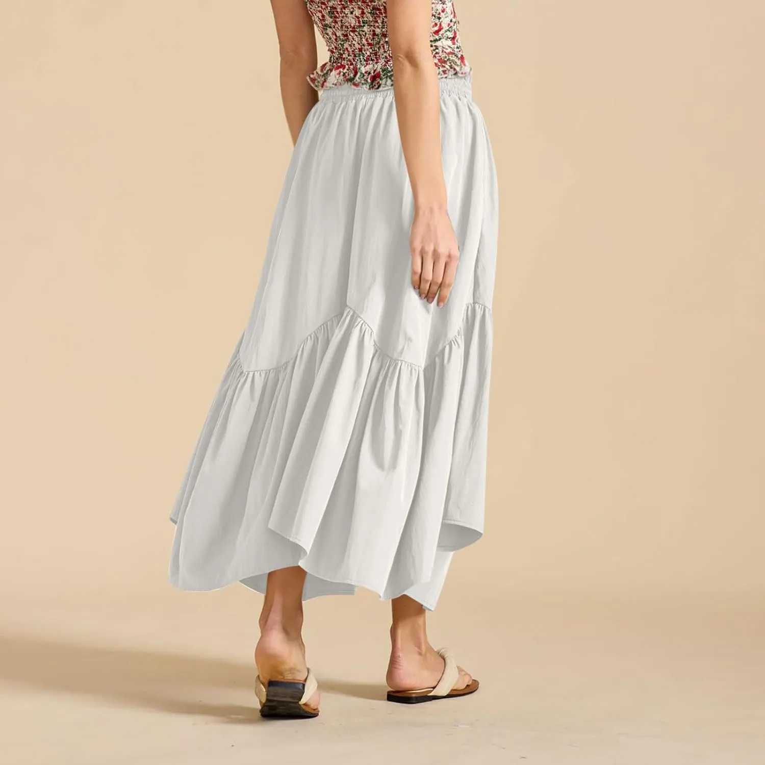 Women Ruched Ruffle Hem Long Skirt, Solid Color Comfy Drawstring Casual Skirts Loose Flowy Summer Clothes with Pockets