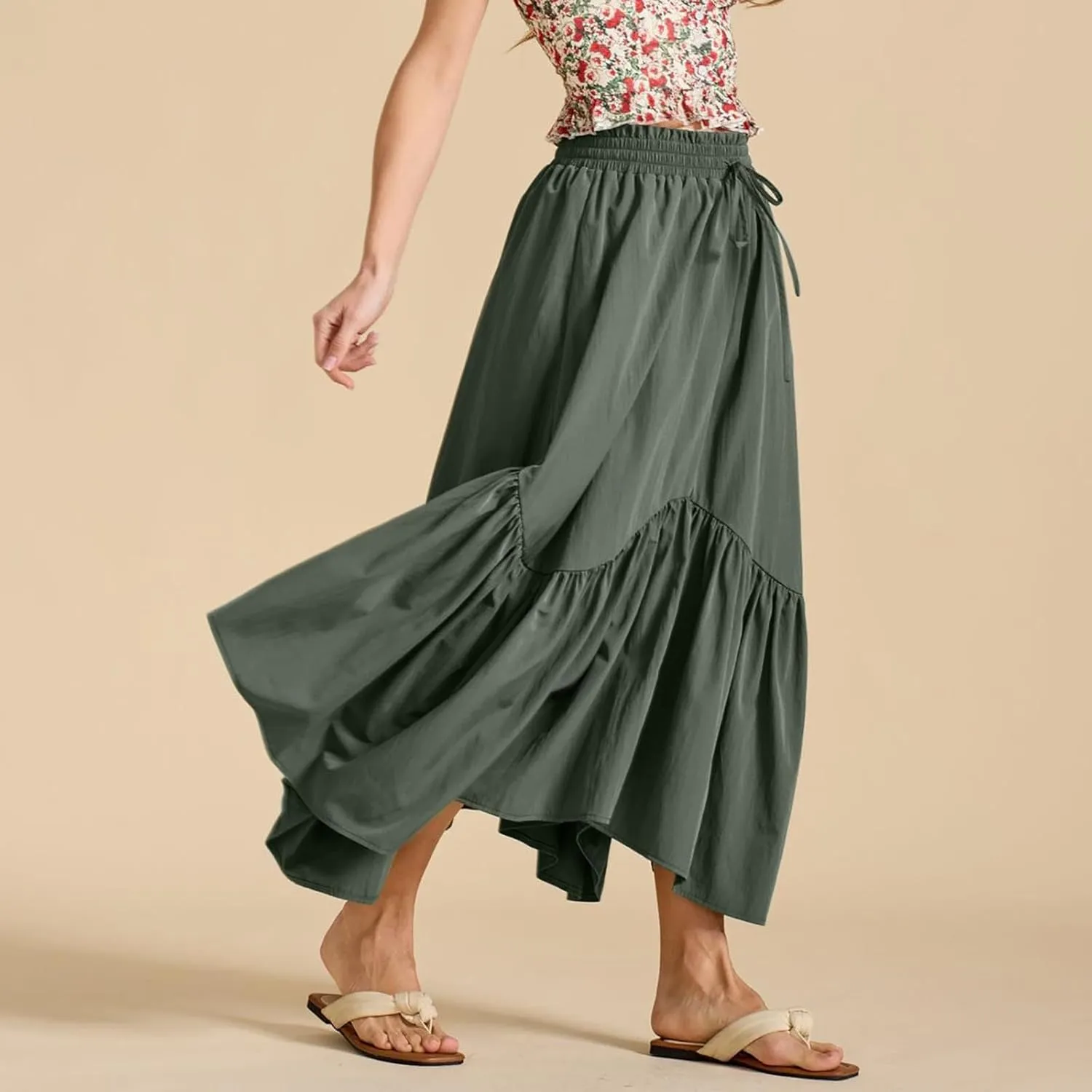 Women Ruched Ruffle Hem Long Skirt, Solid Color Comfy Drawstring Casual Skirts Loose Flowy Summer Clothes with Pockets
