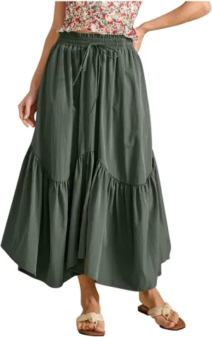 Women Ruched Ruffle Hem Long Skirt, Solid Color Comfy Drawstring Casual Skirts Loose Flowy Summer Clothes with Pockets