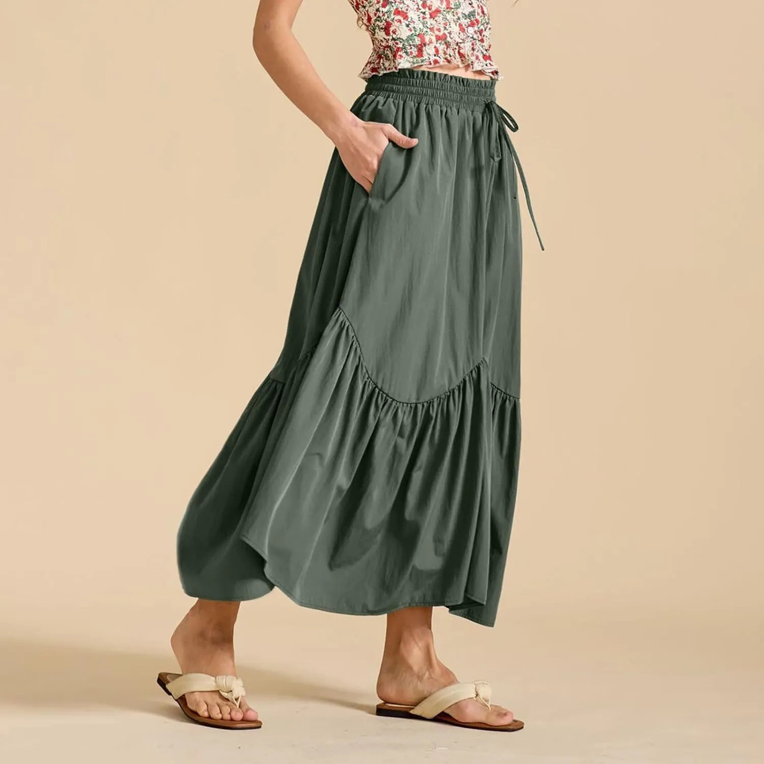 Women Ruched Ruffle Hem Long Skirt, Solid Color Comfy Drawstring Casual Skirts Loose Flowy Summer Clothes with Pockets