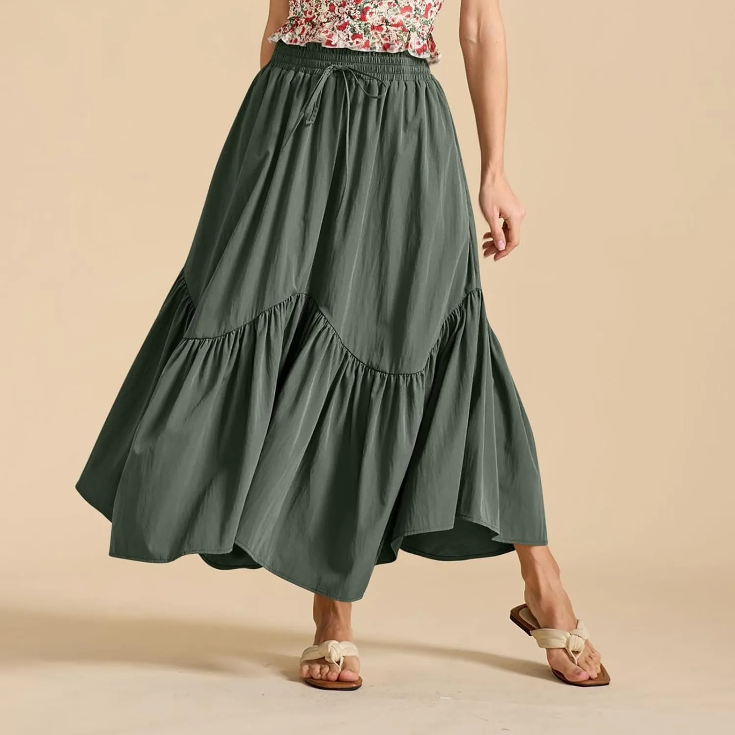 Women Ruched Ruffle Hem Long Skirt, Solid Color Comfy Drawstring Casual Skirts Loose Flowy Summer Clothes with Pockets