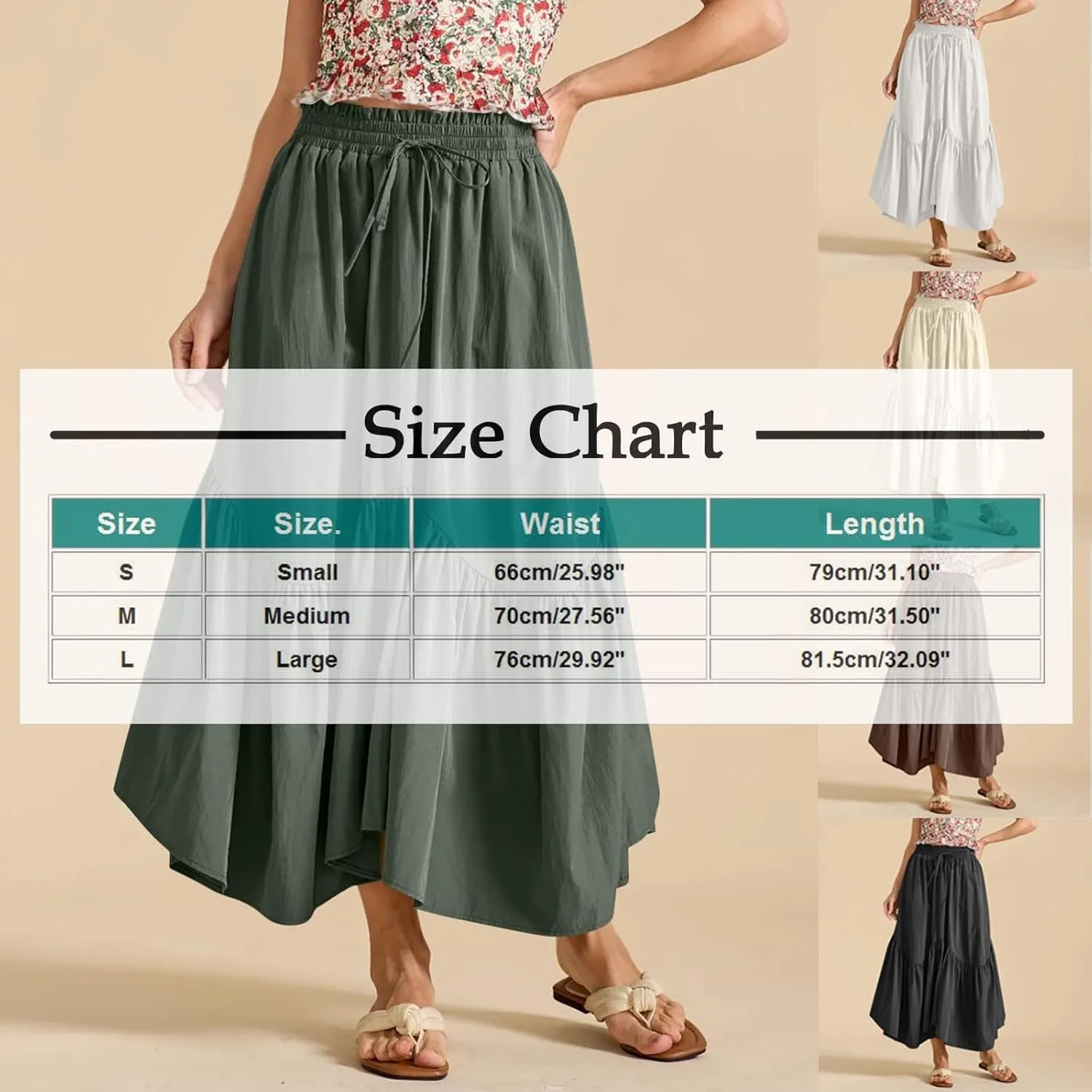 Women Ruched Ruffle Hem Long Skirt, Solid Color Comfy Drawstring Casual Skirts Loose Flowy Summer Clothes with Pockets