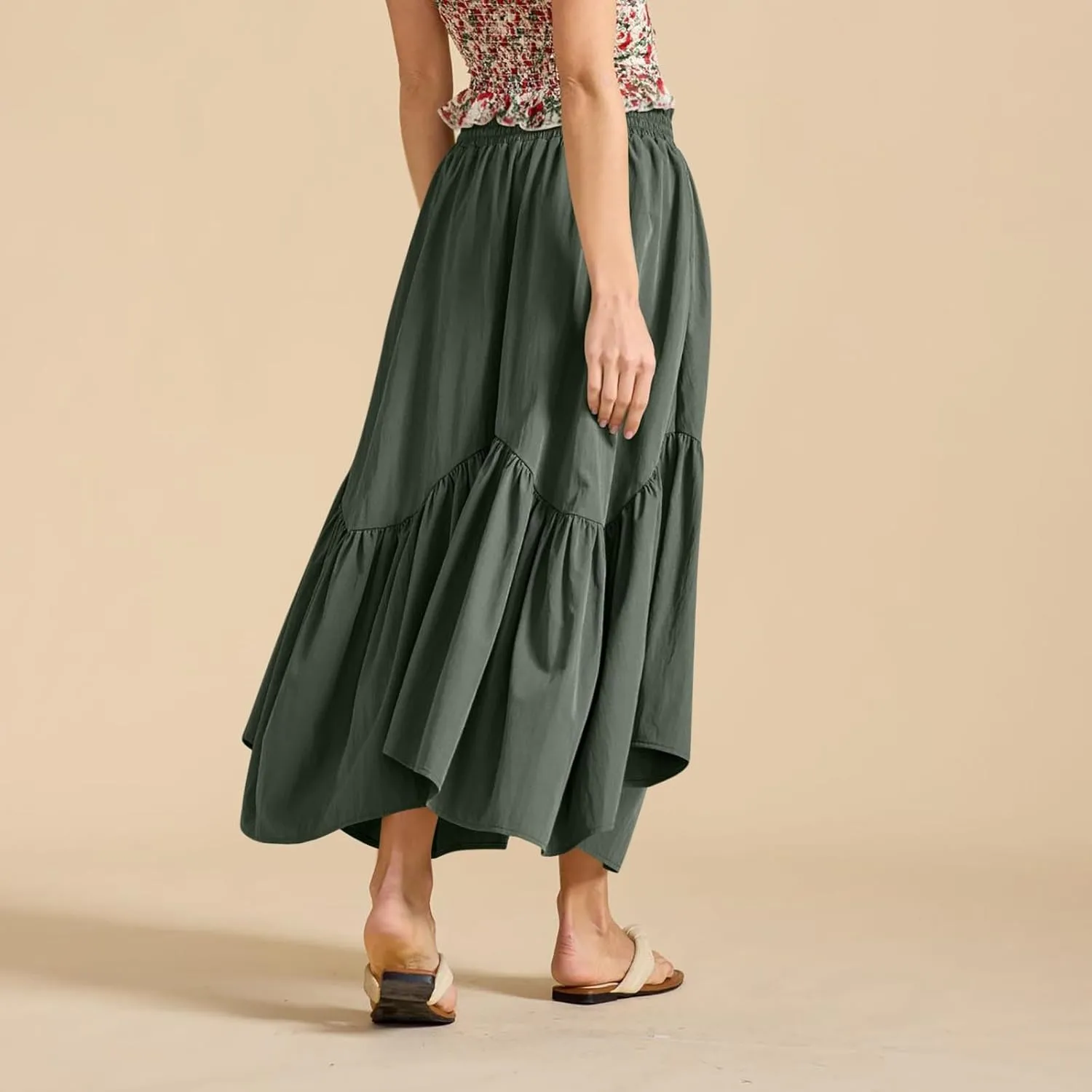 Women Ruched Ruffle Hem Long Skirt, Solid Color Comfy Drawstring Casual Skirts Loose Flowy Summer Clothes with Pockets