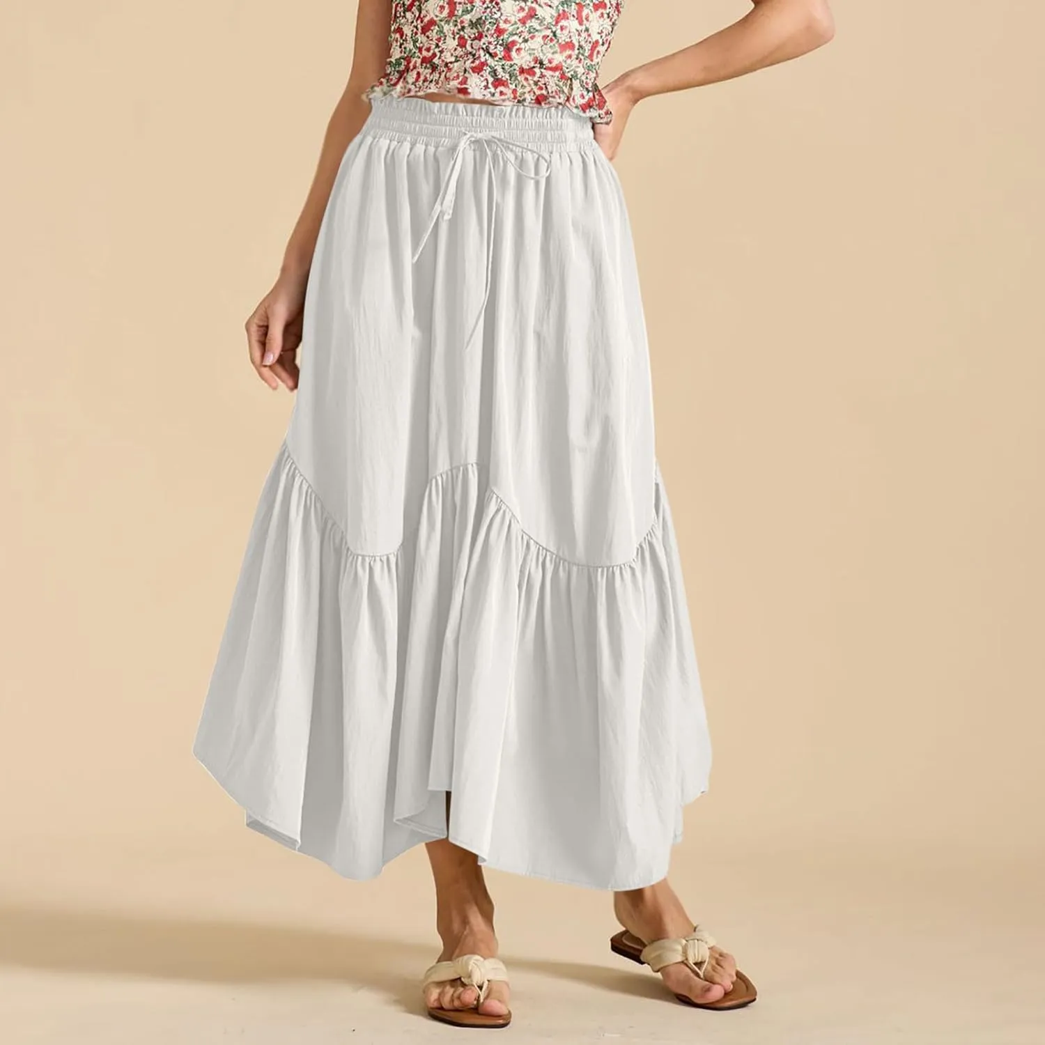 Women Ruched Ruffle Hem Long Skirt, Solid Color Comfy Drawstring Casual Skirts Loose Flowy Summer Clothes with Pockets