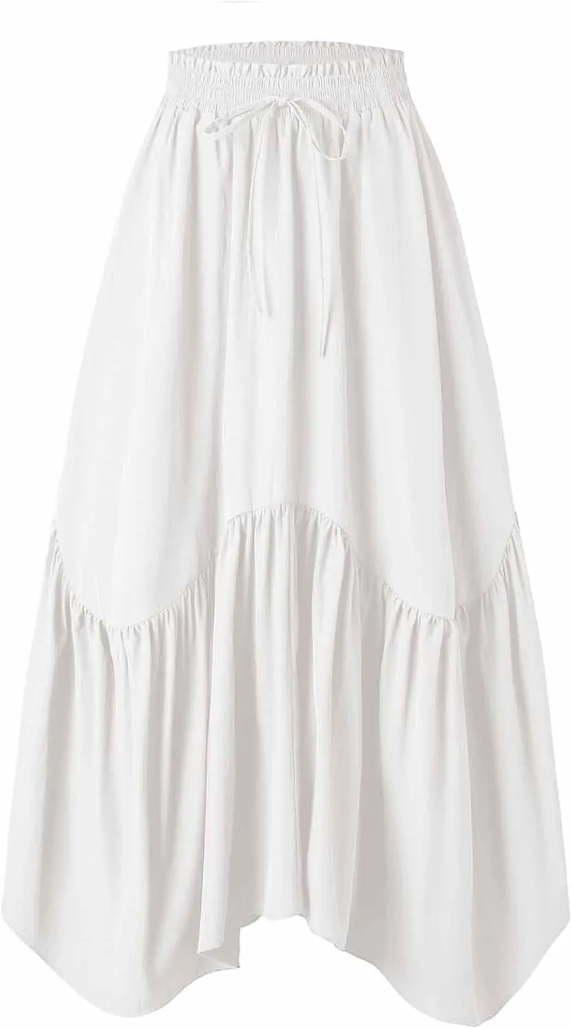 Women Ruched Ruffle Hem Long Skirt, Solid Color Comfy Drawstring Casual Skirts Loose Flowy Summer Clothes with Pockets