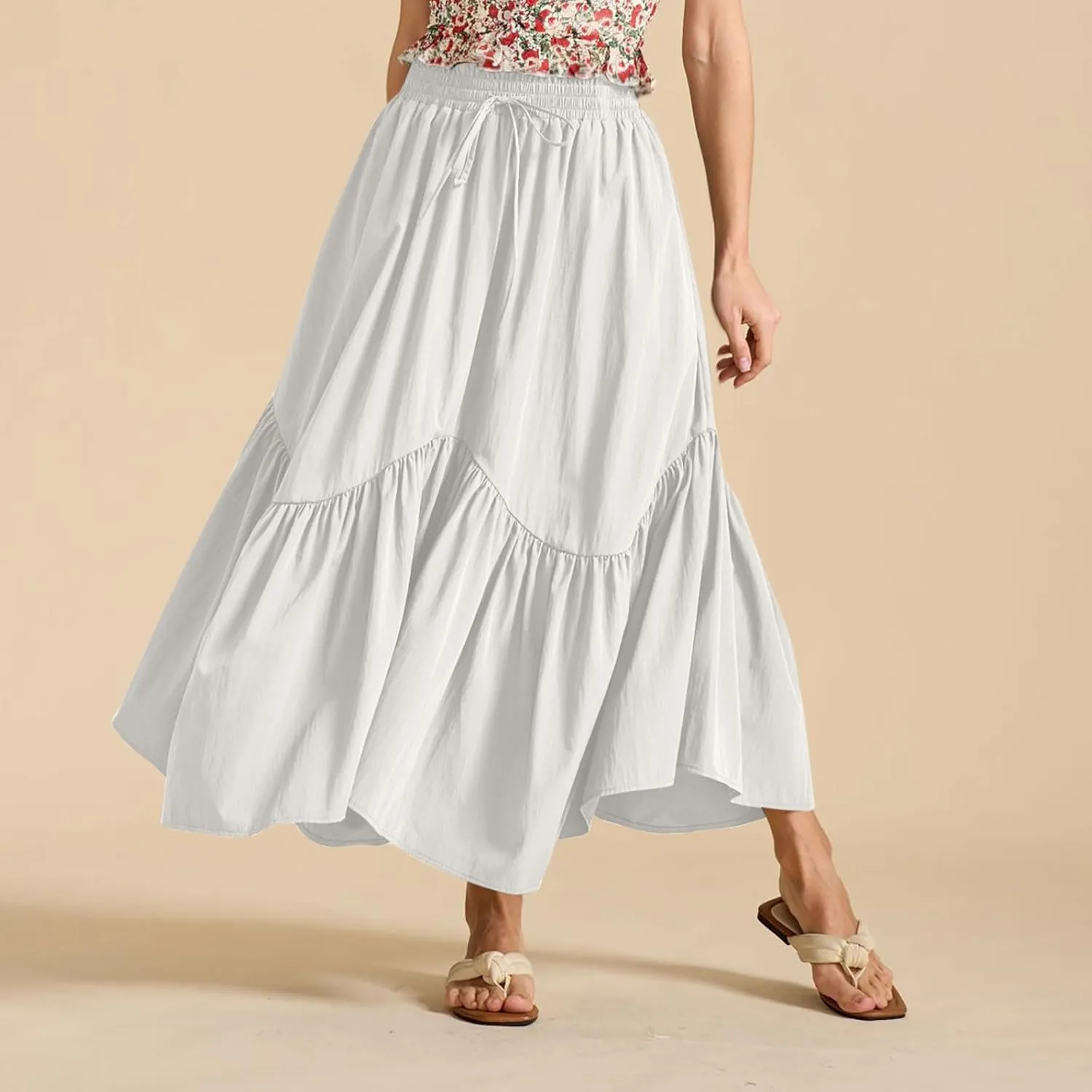 Women Ruched Ruffle Hem Long Skirt, Solid Color Comfy Drawstring Casual Skirts Loose Flowy Summer Clothes with Pockets