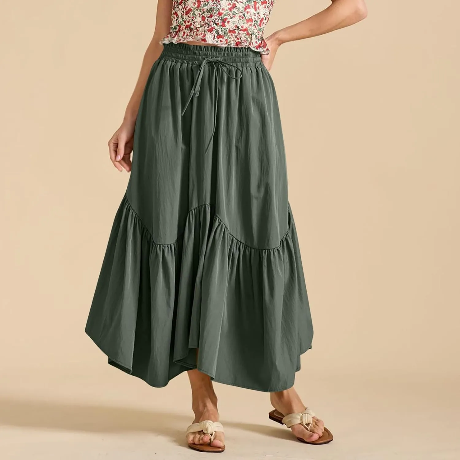Women Ruched Ruffle Hem Long Skirt, Solid Color Comfy Drawstring Casual Skirts Loose Flowy Summer Clothes with Pockets