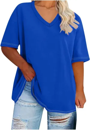 Women Short Sleeves Plus Size T-Shirt Fashion Solid Color Classic V-Neck Base Shirts Loose Casual Comfy Blouse Top