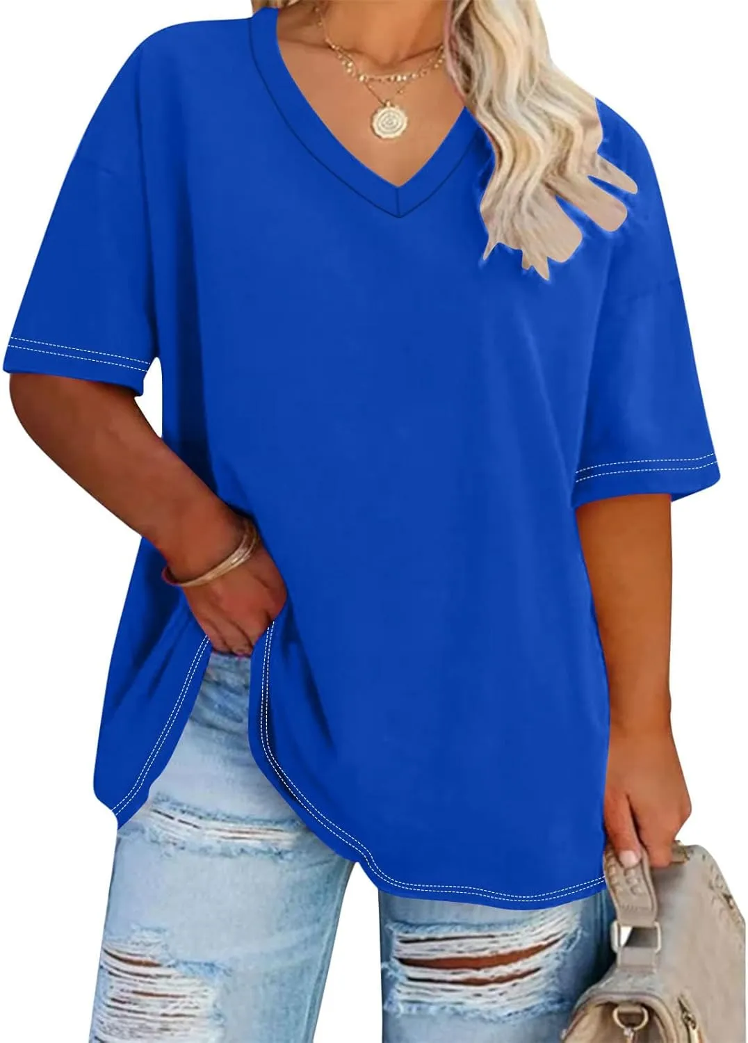 Women Short Sleeves Plus Size T-Shirt Fashion Solid Color Classic V-Neck Base Shirts Loose Casual Comfy Blouse Top