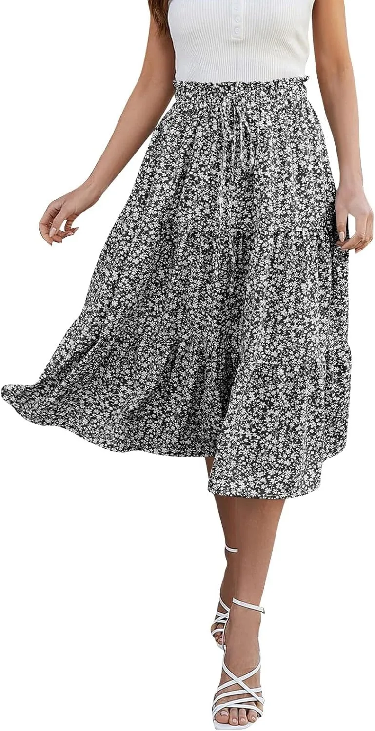 Women Summer A-Line Tiered Beach Outfits Bohemian Print Elastic Waist Long Skirt High Waist Casual Maxi Skirt