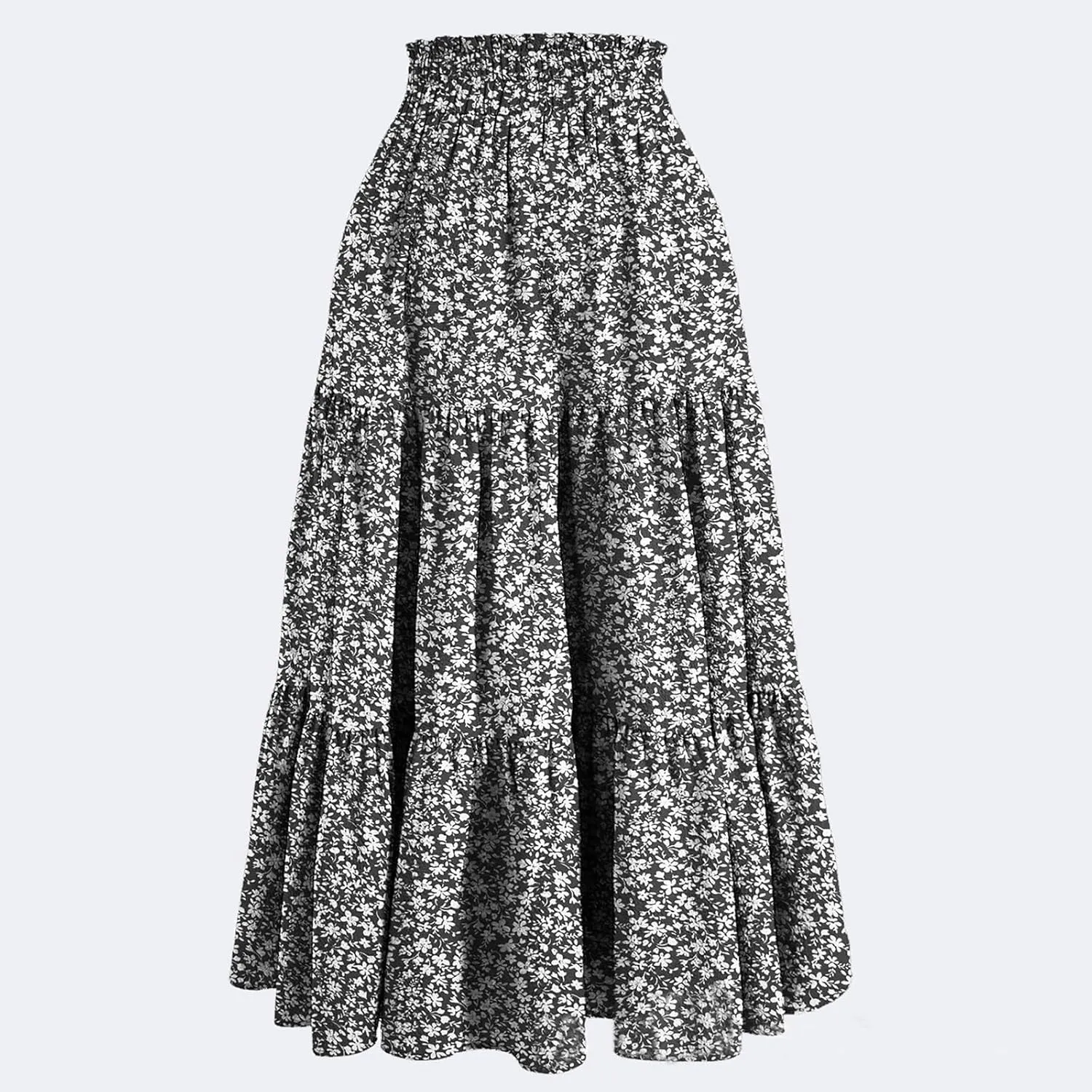 Women Summer A-Line Tiered Beach Outfits Bohemian Print Elastic Waist Long Skirt High Waist Casual Maxi Skirt