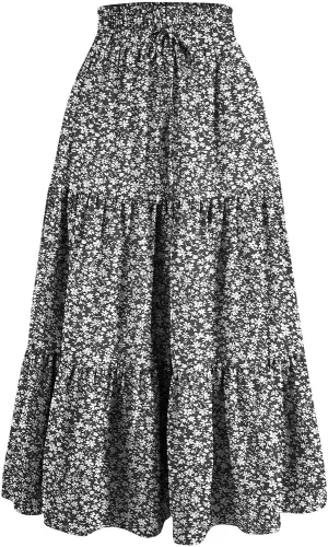 Women Summer A-Line Tiered Beach Outfits Bohemian Print Elastic Waist Long Skirt High Waist Casual Maxi Skirt