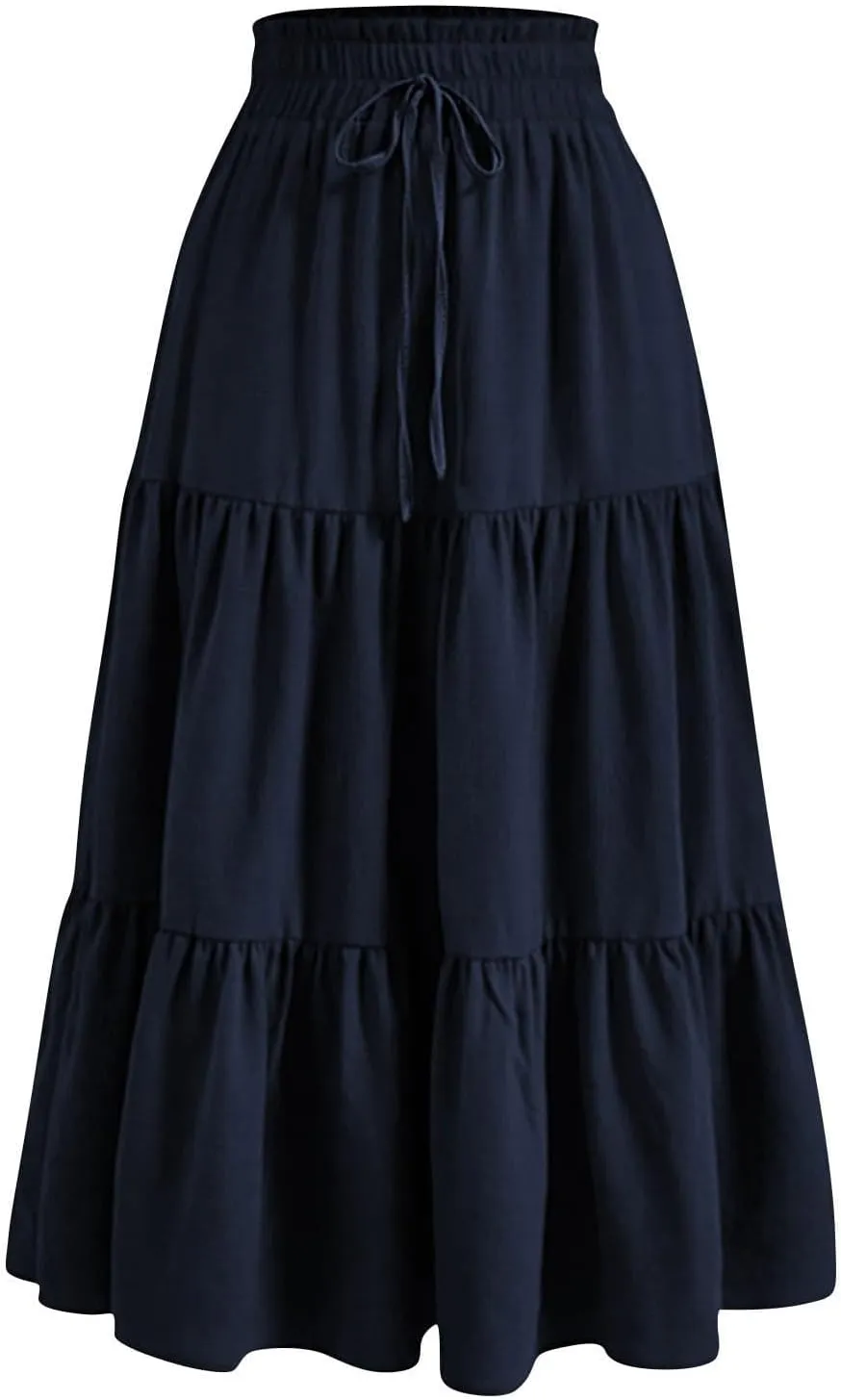 Women Summer Boho Skirts Long Flowy Skirt Tiered A-Line Skirts Maxi Floral Skirt Pleated Beach Skirt High Waist Skirt