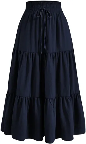 Women Summer Boho Skirts Long Flowy Skirt Tiered A-Line Skirts Maxi Floral Skirt Pleated Beach Skirt High Waist Skirt