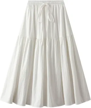 Women Summer Flowy Boho Maxi Skirt Trendy 2025 Drawstring Tiered A-Line Pleated Flowy Long Beach Skirt Elastic Waist