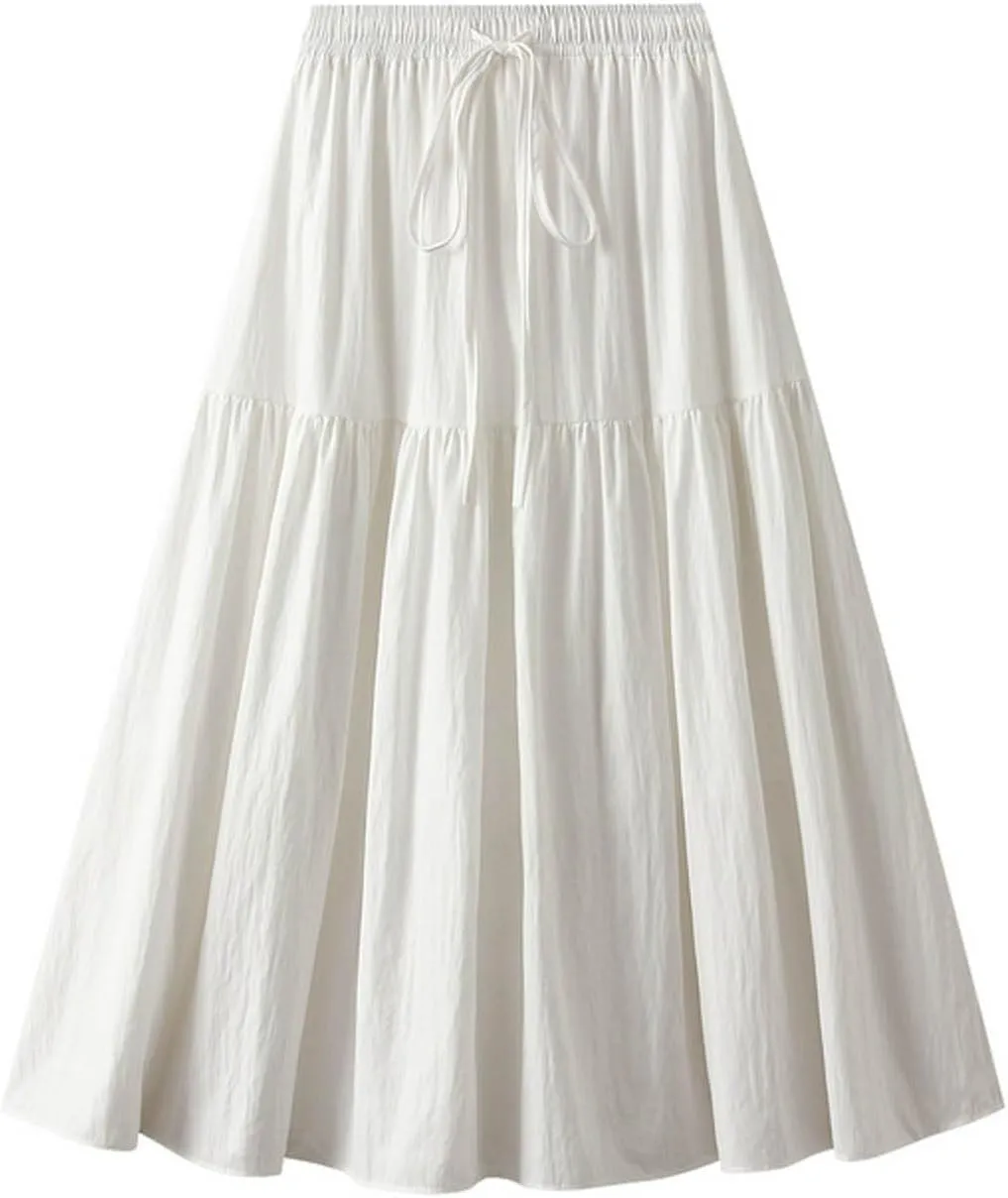 Women Summer Flowy Boho Maxi Skirt Trendy 2025 Drawstring Tiered A-Line Pleated Flowy Long Beach Skirt Elastic Waist