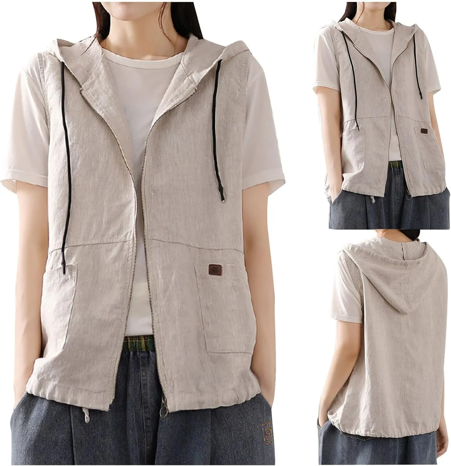 Women Vests with Pocket Hooded Linen Cardigan Casual Loose Stitching Sleeveless Vest Short Jacket Ladies Summer Plus Size Top