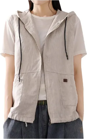 Women Vests with Pocket Hooded Linen Cardigan Casual Loose Stitching Sleeveless Vest Short Jacket Ladies Summer Plus Size Top