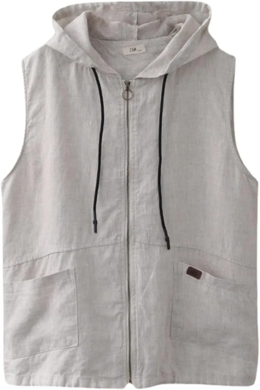 Women Vests with Pocket Hooded Linen Cardigan Casual Loose Stitching Sleeveless Vest Short Jacket Ladies Summer Plus Size Top