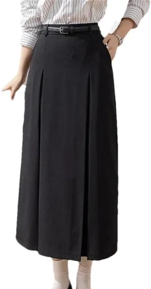 Women Vintage Pleated Casual A-Line Skirts Elegant High Waist Solid Color Office Lady Long Skirts