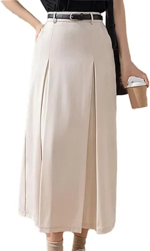 Women Vintage Pleated Casual A-Line Skirts Elegant High Waist Solid Color Office Lady Long Skirts
