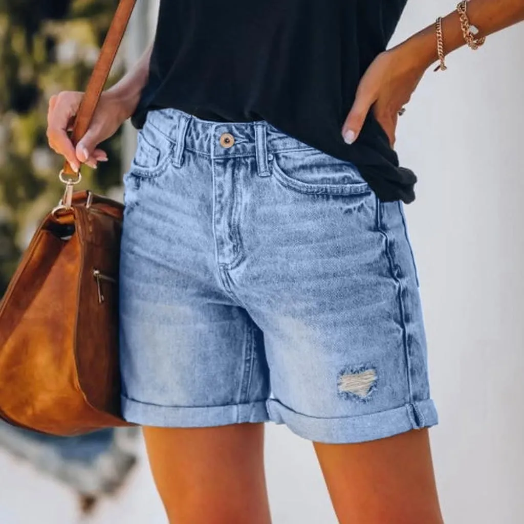 Women's Blue High Waisted Straight Jeans with Scratch Design Casual Daily Wear Shorts for Women
